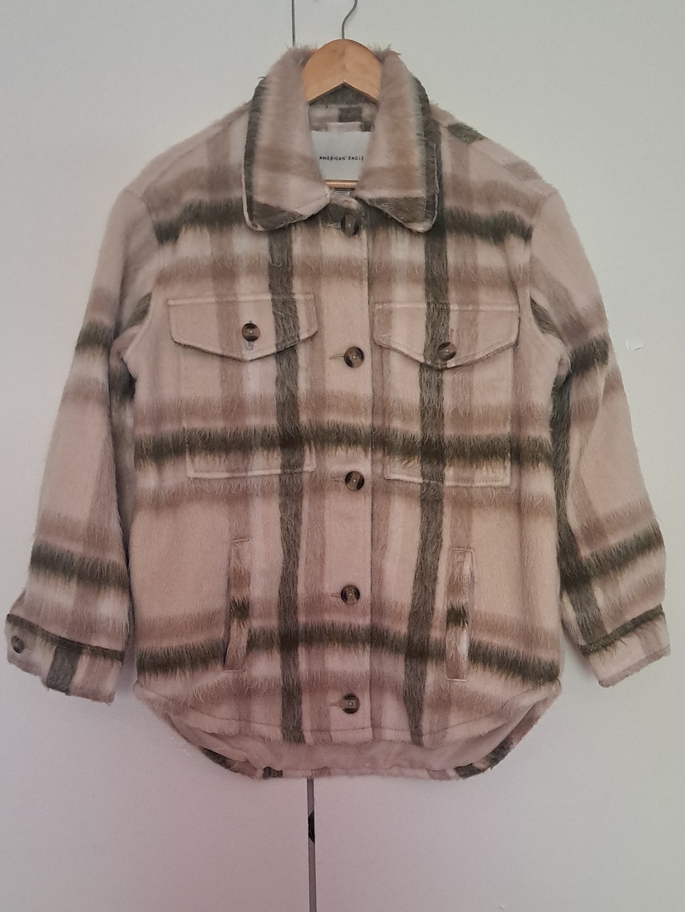 American Eagle Women Outfitters Plaid Shacket Jacket - Beige & Olive
